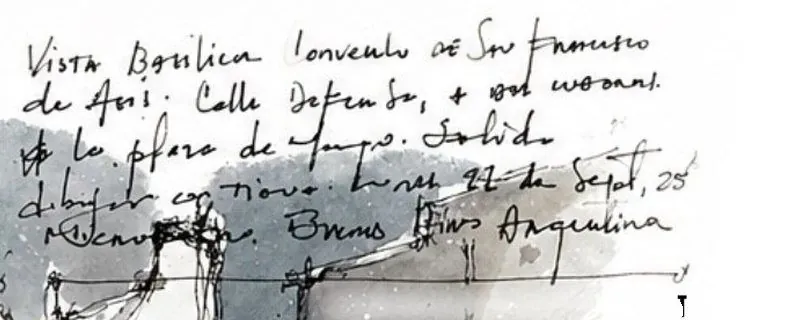 Anotación manuscrita sobre la Basílica de San Francisco y la calle Defensa