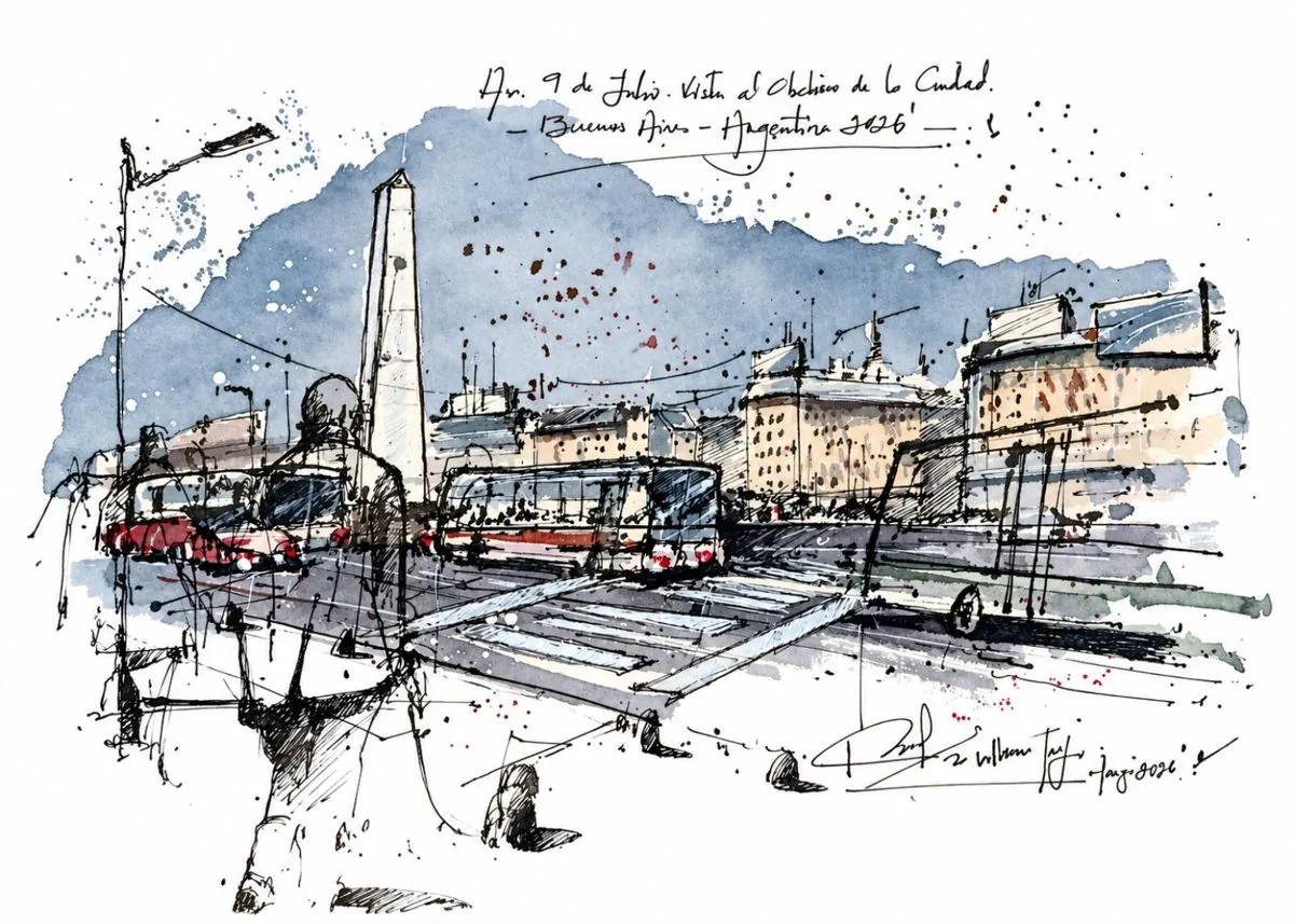 Av. 9 de Julio, tinta y acuarela