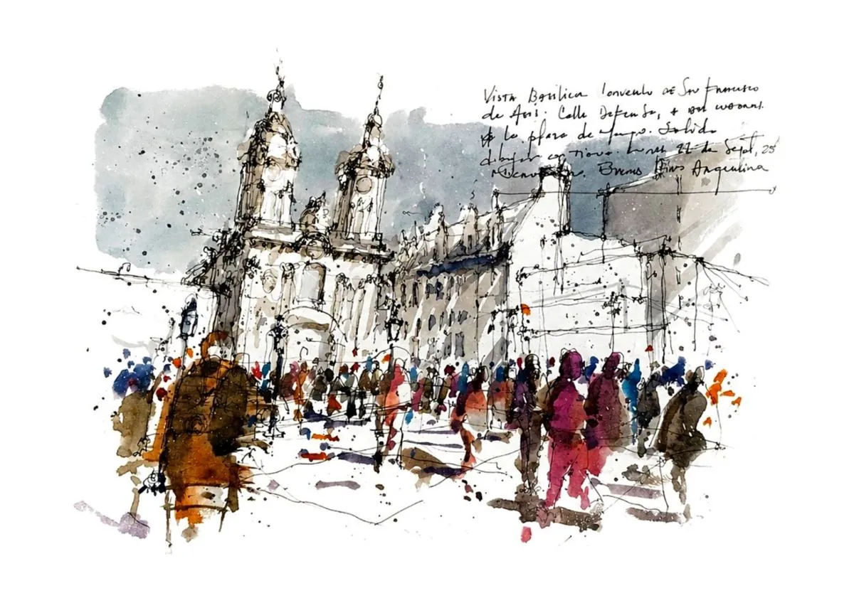 Basílica San Francisco de Asís, tinta y acuarela