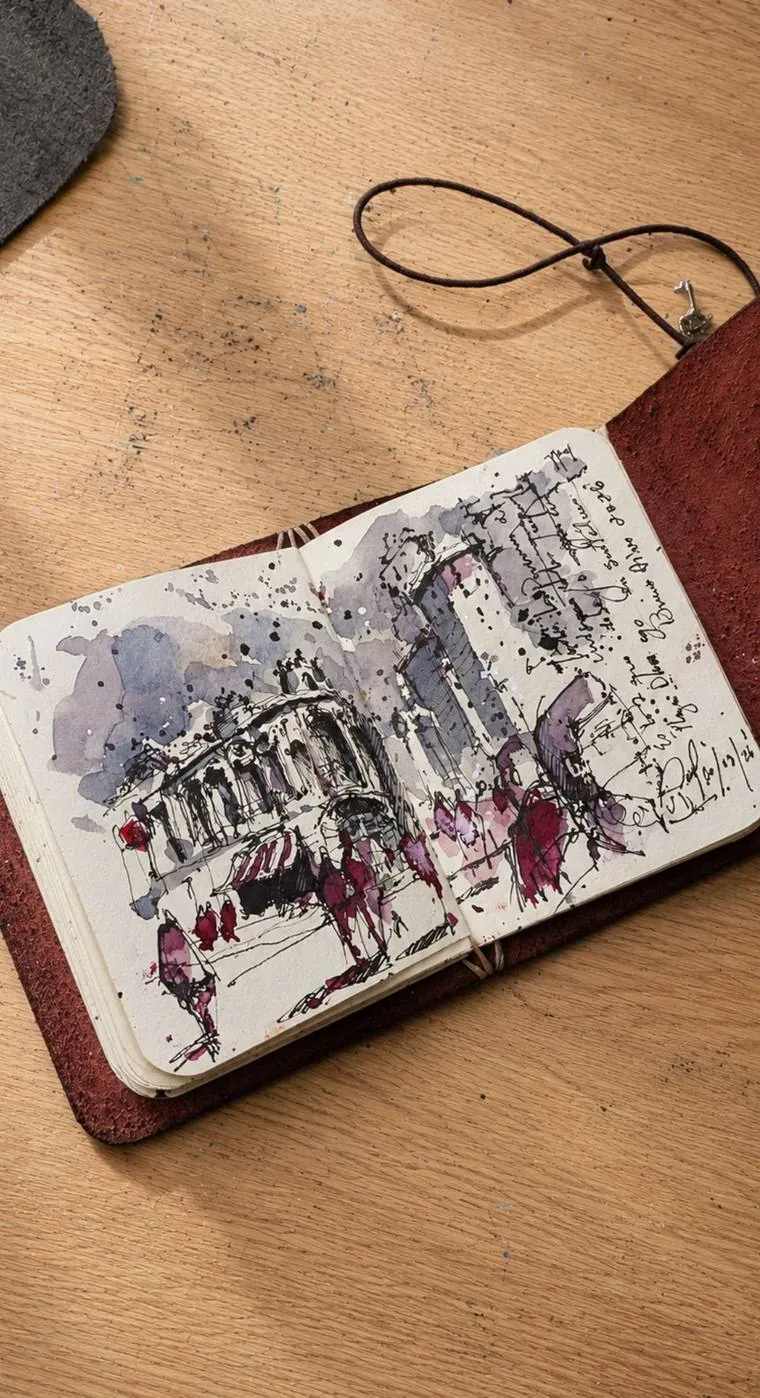 Bitácora abierta con un edificio de arcos en tinta y aguadas violetas