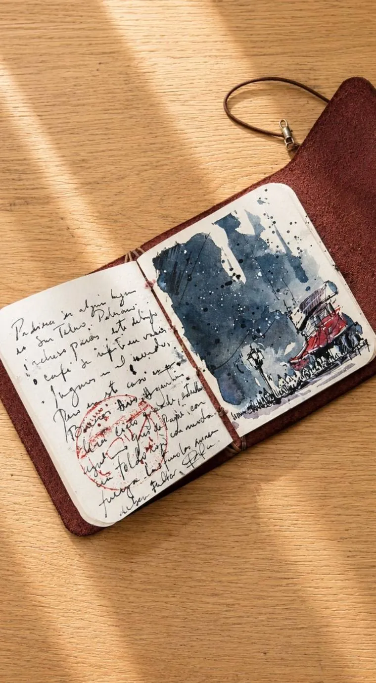 Bitácora abierta con una página manuscrita y un sello rojo junto a una escena nocturna
