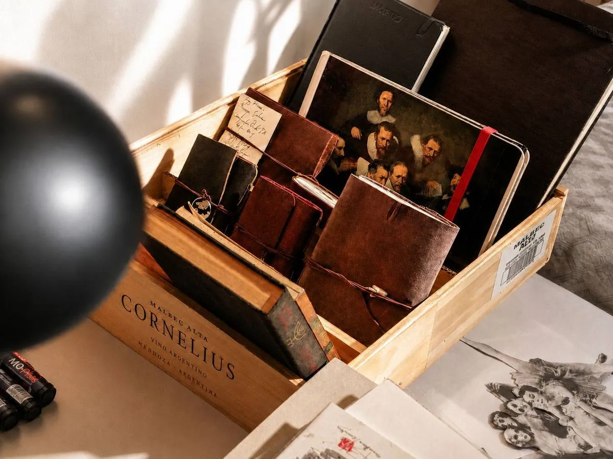 Caja de vino de madera con la palabra Cornelius, llena de bitácoras de cuero y sketchbooks