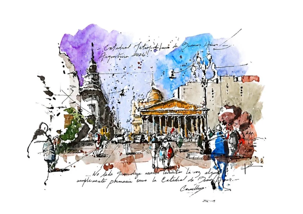 Catedral Metropolitana de Buenos Aires, tinta y acuarela
