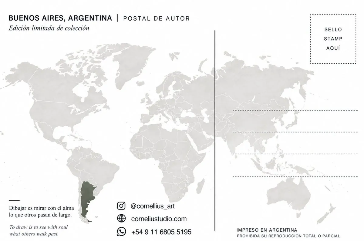 Dorso de la postal con mapa del mundo, Argentina destacada, espacio para el sello y líneas para la dirección