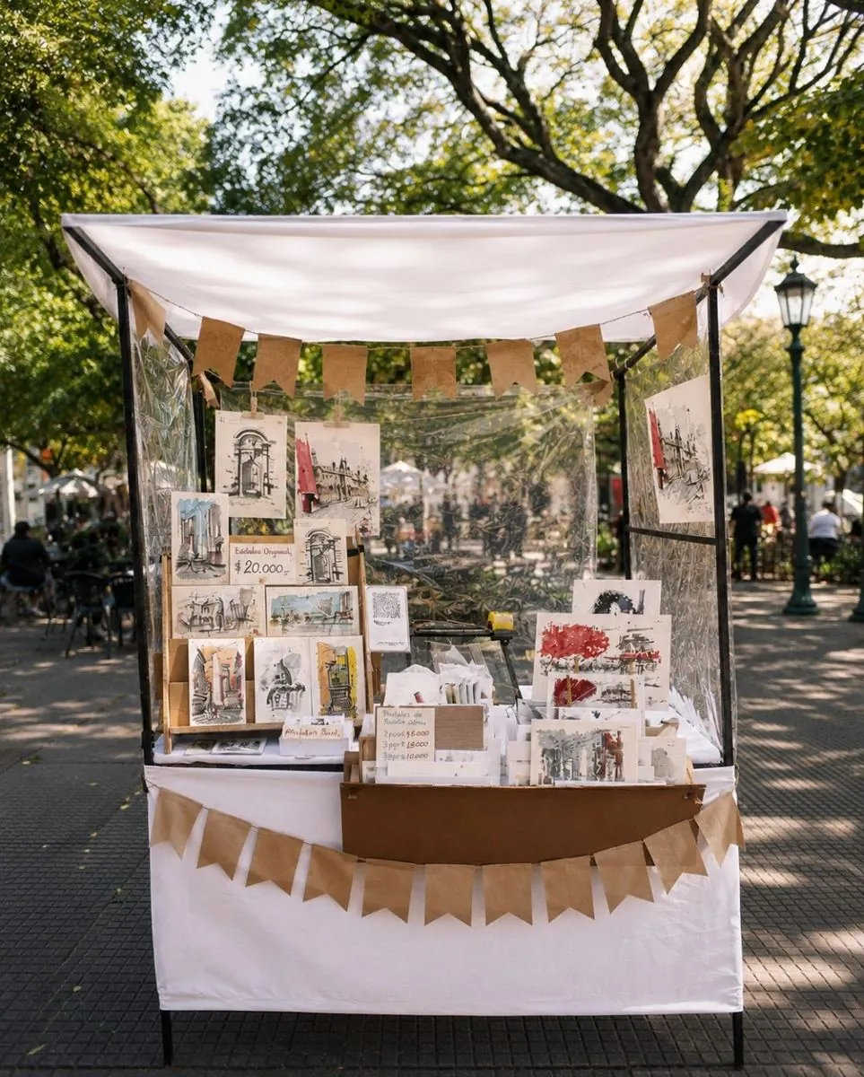 El puesto de Cornellius en la feria, con dibujos y postales bajo un toldo blanco