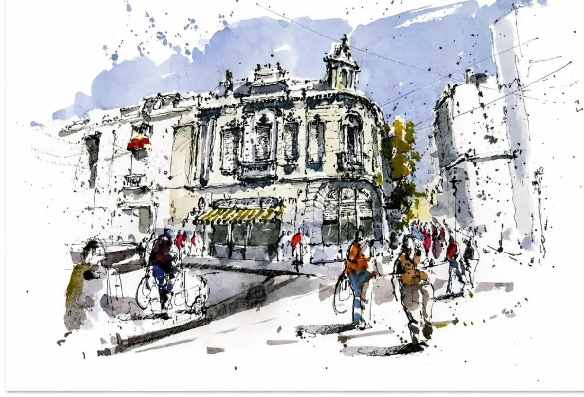 Esquina Av. Bolívar y Carlos Calvo, tinta y acuarela