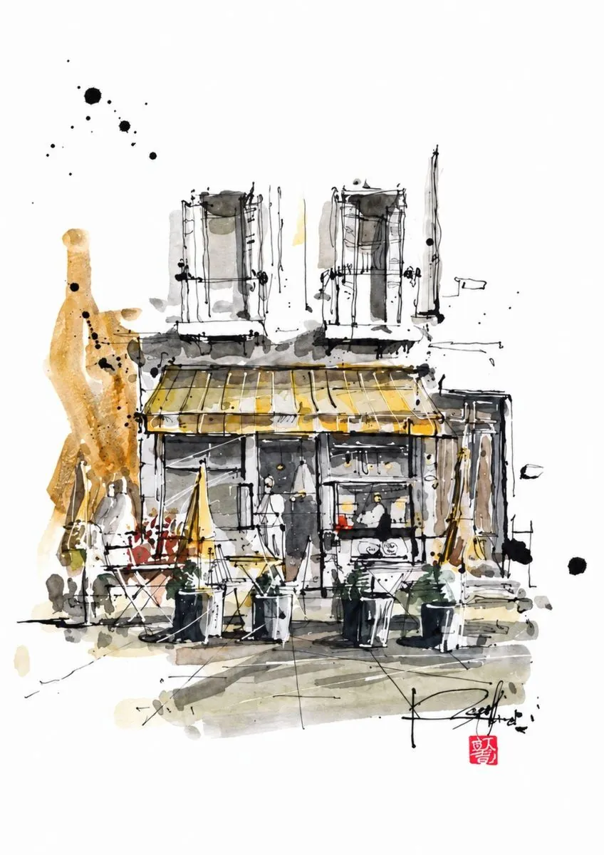 Fachada de café, Av. Bolívar, tinta y acuarela