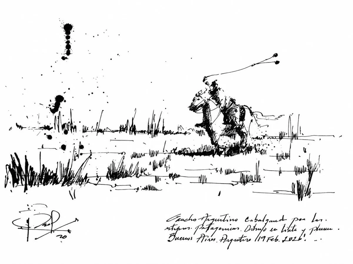 Gaucho a caballo, tinta china