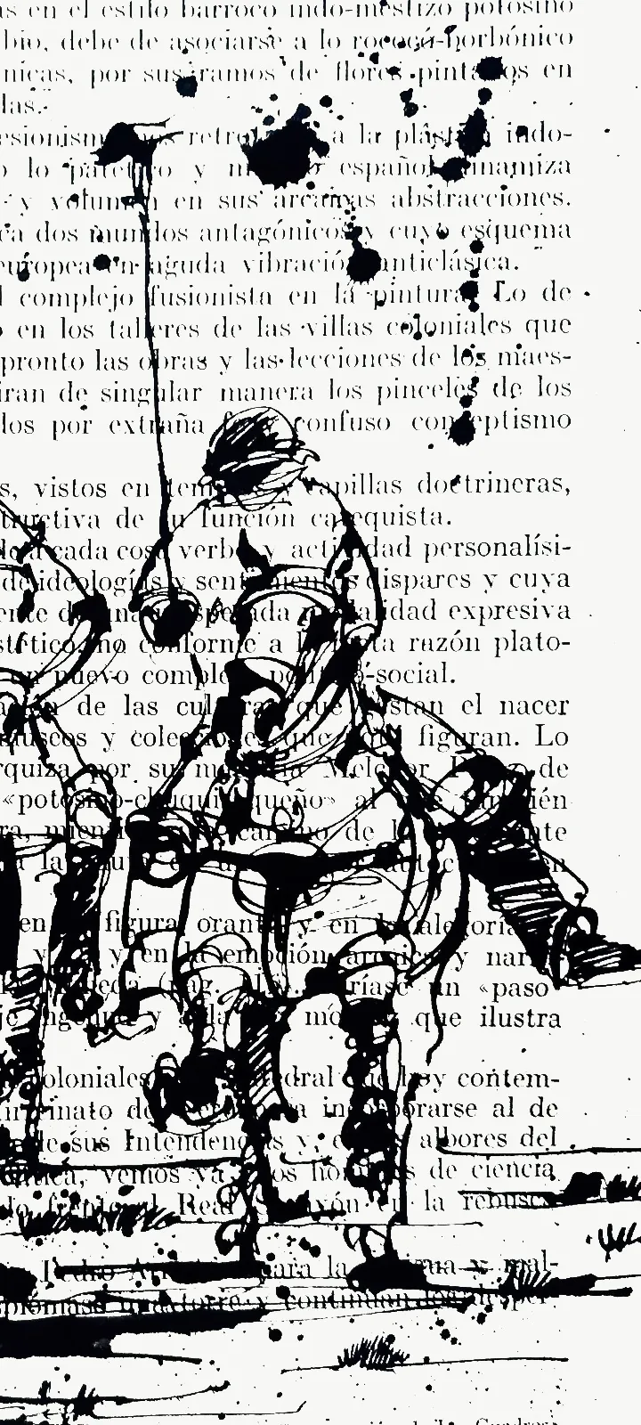 Jugador de polo dibujado en tinta china sobre una página de libro