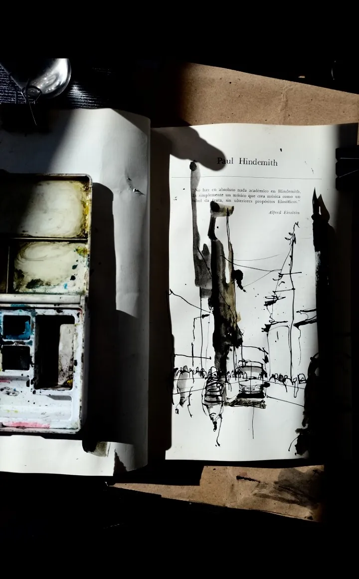 Libro abierto con poca luz, una paleta de acuarelas a la izquierda y un dibujo en tinta de una avenida