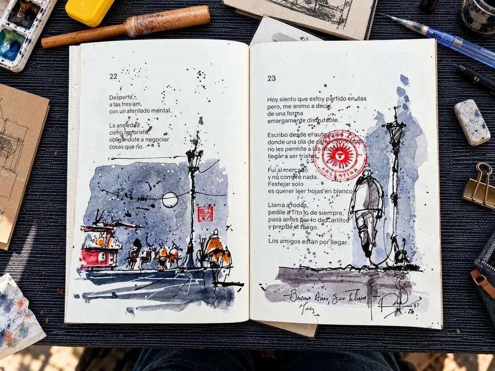 Libro de poemas abierto en las páginas 22 y 23, intervenido con escenas nocturnas de San Telmo en tinta y aguada, y un sello rojo