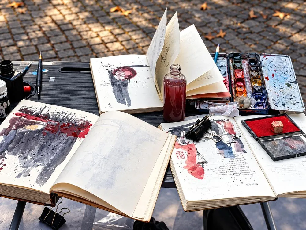 Mesa en la calle con tres libros antiguos abiertos e intervenidos con aguadas grises y rojas, un frasco de tinta roja, paleta y tampón con sello