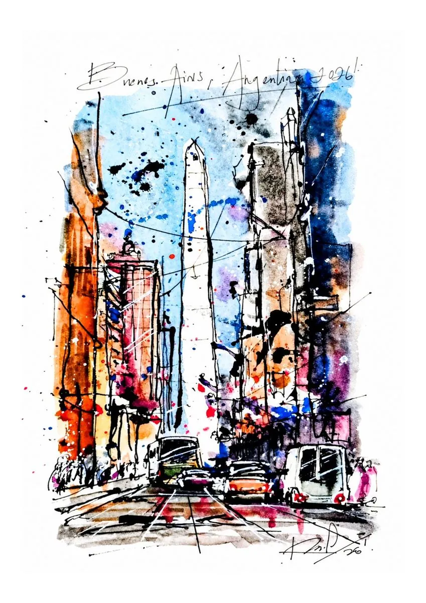 Obelisco, tinta y acuarela