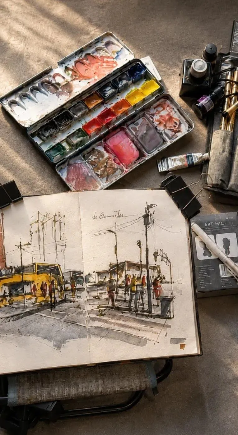 Paleta de acuarelas abierta, un sketchbook con un dibujo de una calle con un colectivo amarillo, tintas y el estuche de plumas sobre un banquito plegable