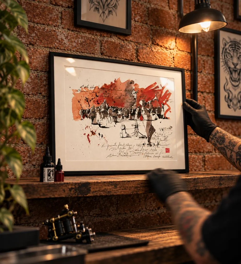 Plaza Dorrego enmarcada en un estudio de tatuaje