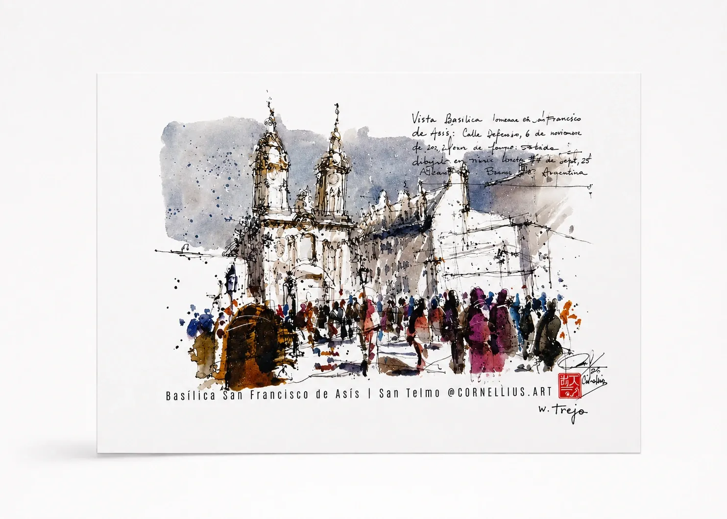 Postal de la Basílica San Francisco de Asís en tinta y acuarela, sobre fondo blanco