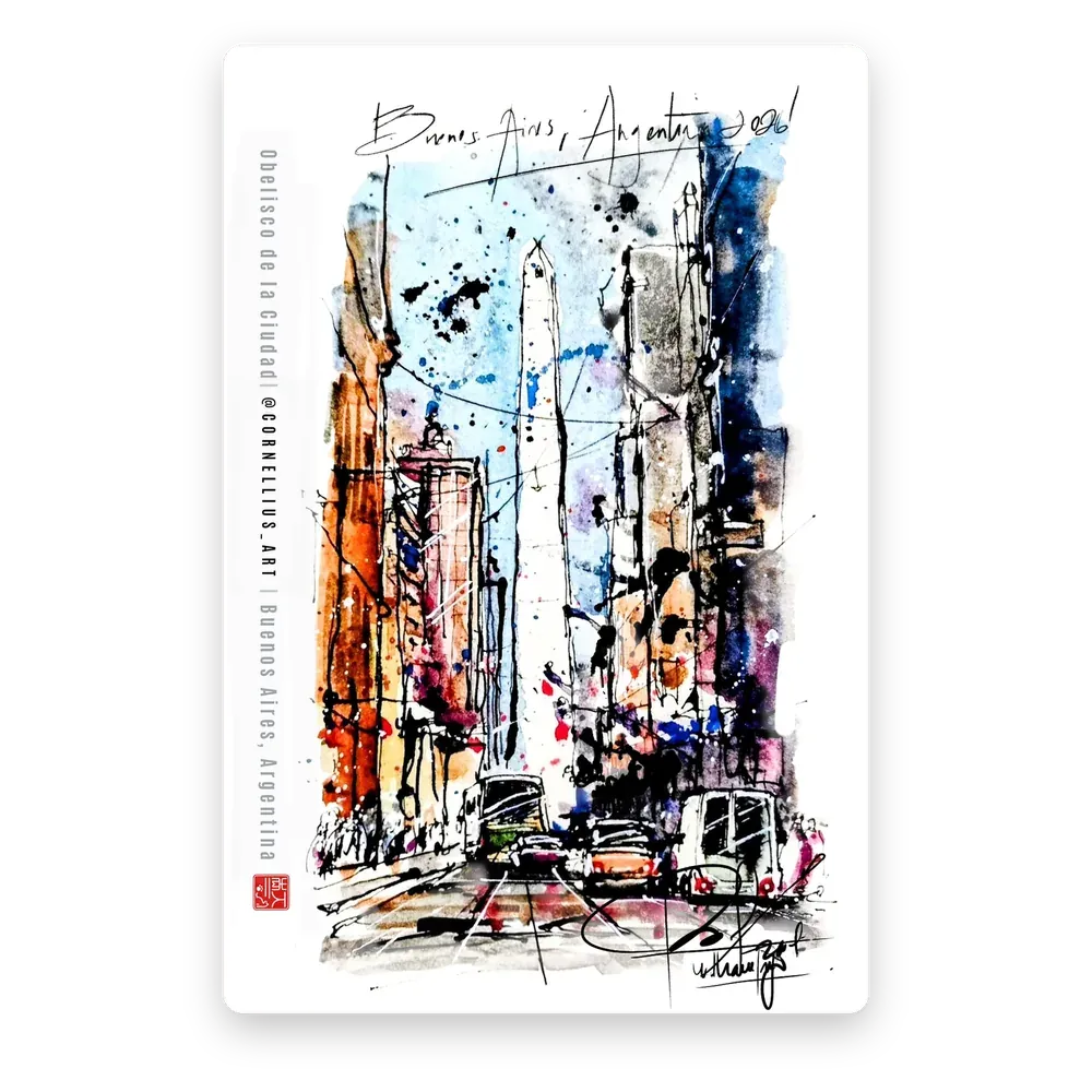 Postal del Obelisco en acuarela y tinta