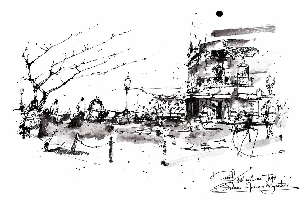 Restaurante y comensales, tinta china