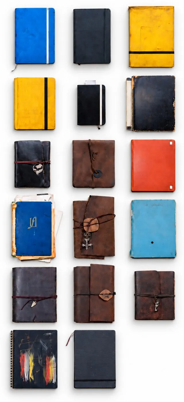 Retícula de diecisiete cuadernos de Cornellius: sketchbooks de colores y bitácoras de cuero atadas con cordón