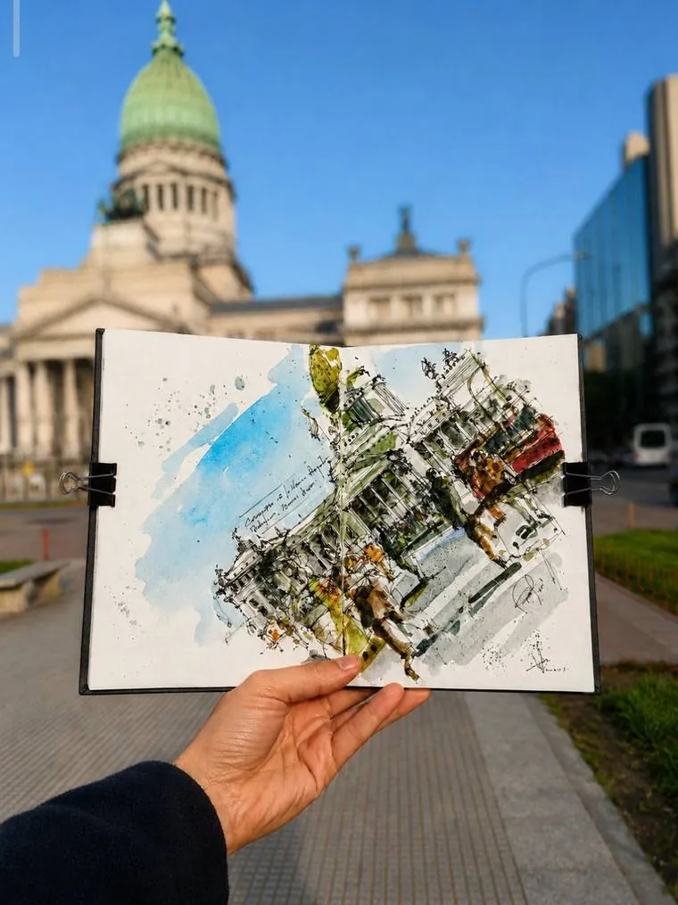Sketchbook abierto con el Congreso de la Nación en tinta y acuarela, sostenido frente al edificio