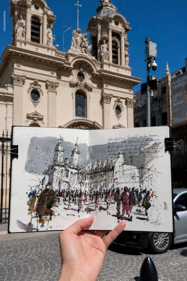 Sketchbook abierto con la Basílica de San Francisco en tinta y aguadas, sostenido frente a la basílica