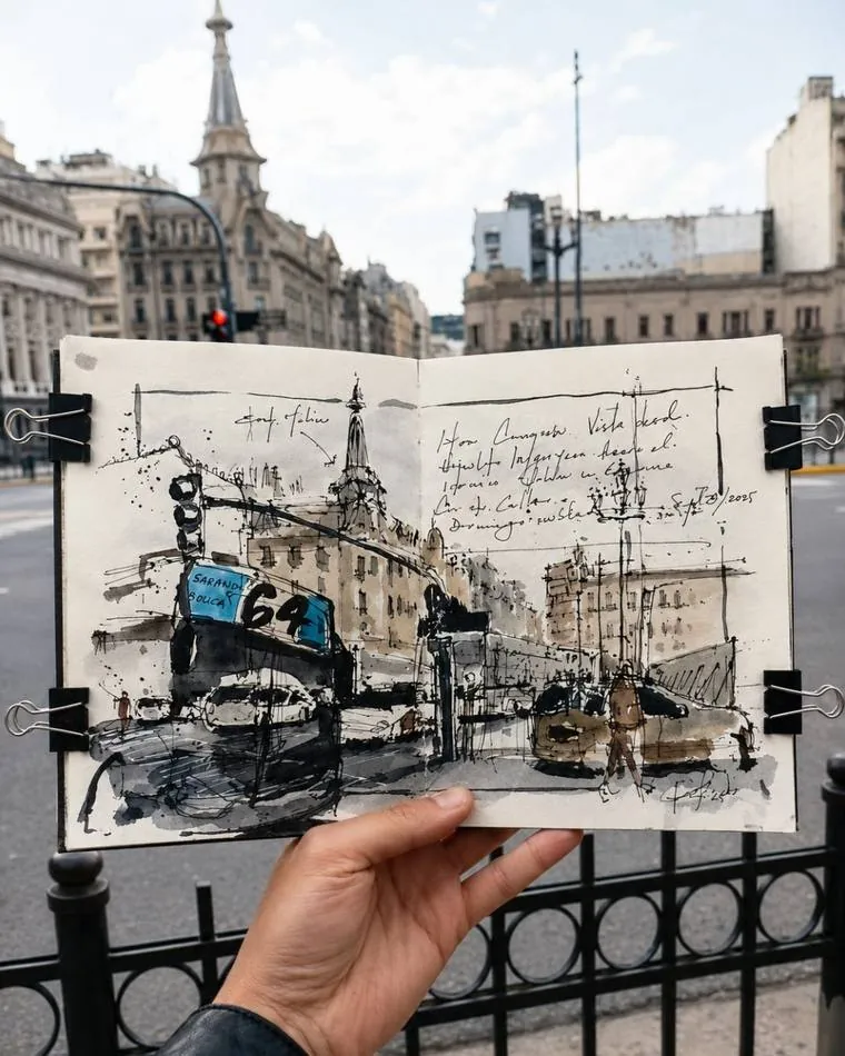 Sketchbook con el colectivo 64 y la esquina dibujada en tinta y aguada sepia, frente a la escena