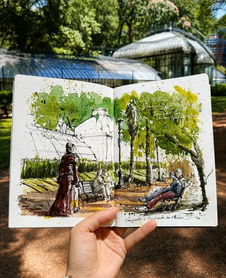 Sketchbook con el Jardín Botánico en acuarela verde, frente a los invernaderos
