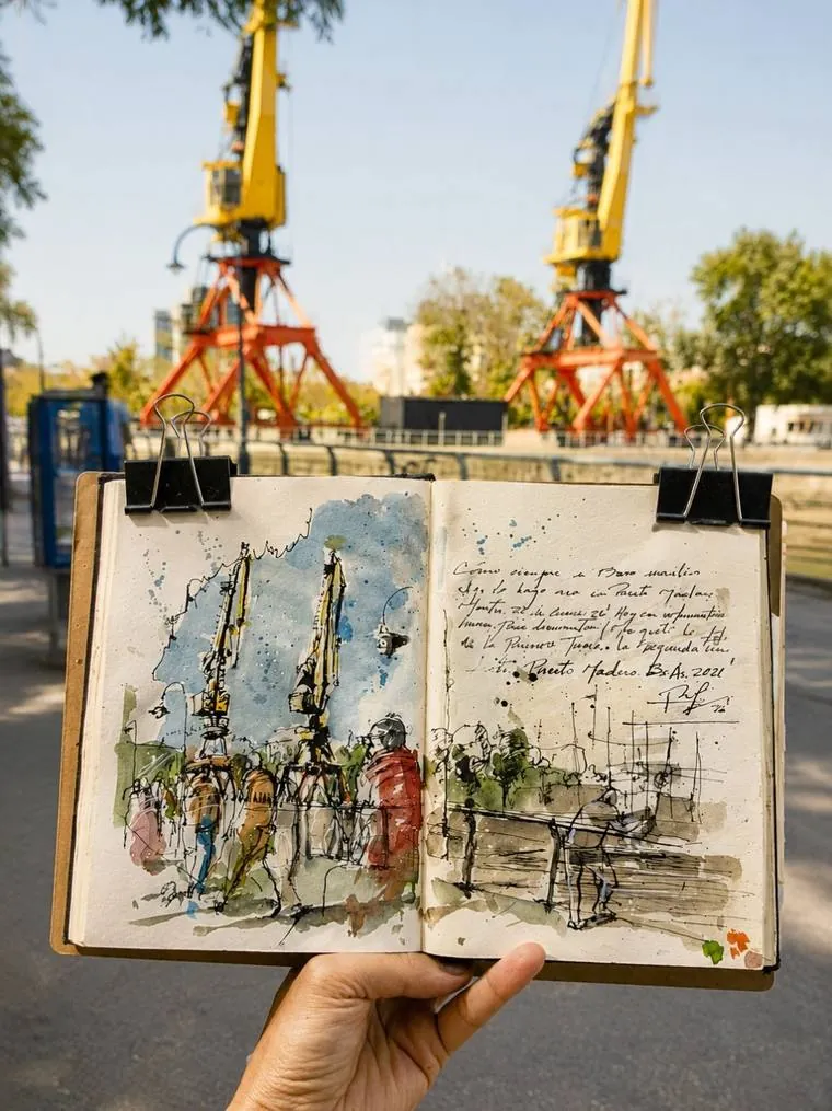 Sketchbook con las grúas de Puerto Madero y notas manuscritas, frente a las grúas amarillas