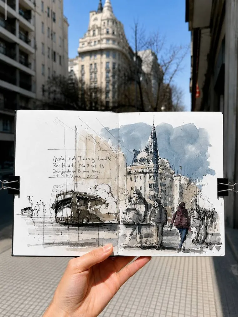 Sketchbook con un edificio de cúpula en Av. Callao y Lavalle, frente al edificio real