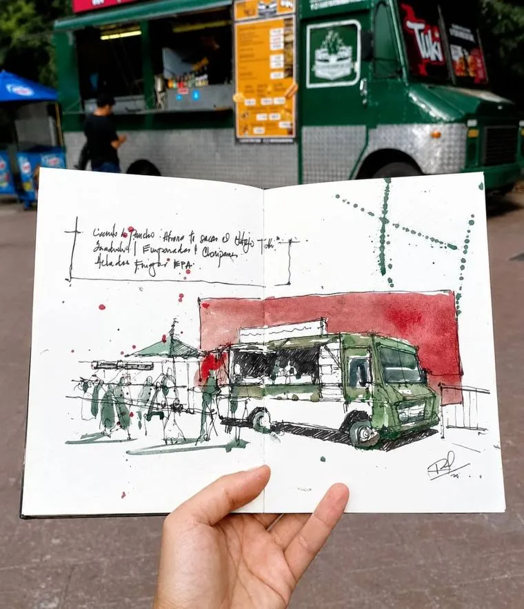 Sketchbook con un food truck verde y una mancha roja, frente al food truck