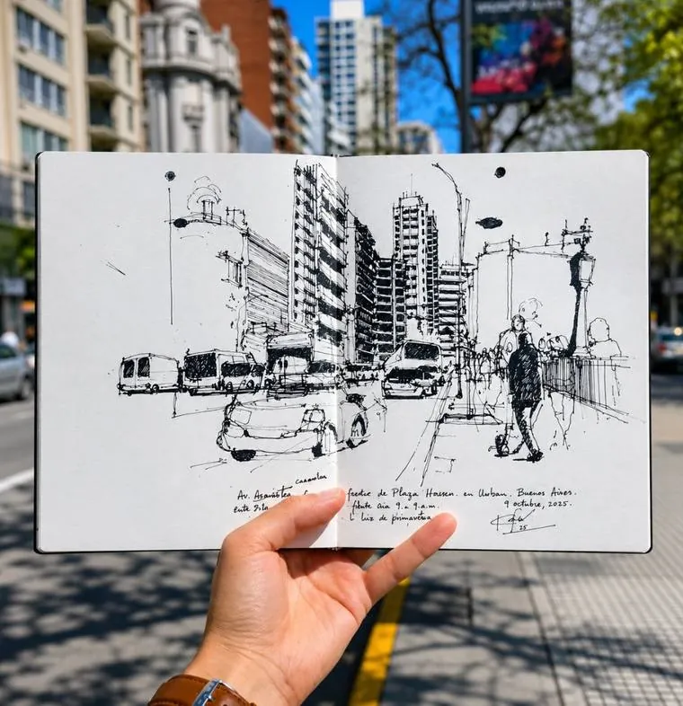 Sketchbook con una avenida dibujada solo en tinta, sostenido frente a la avenida