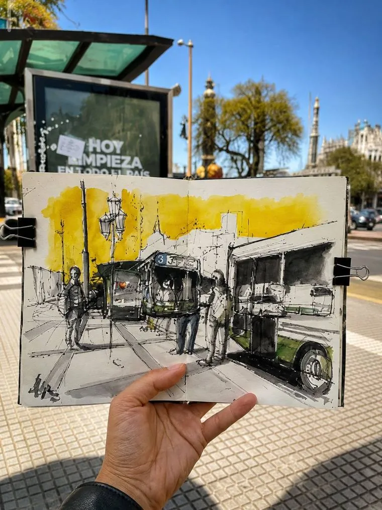 Sketchbook con una parada de colectivos y un cielo amarillo, sostenido frente a la parada real
