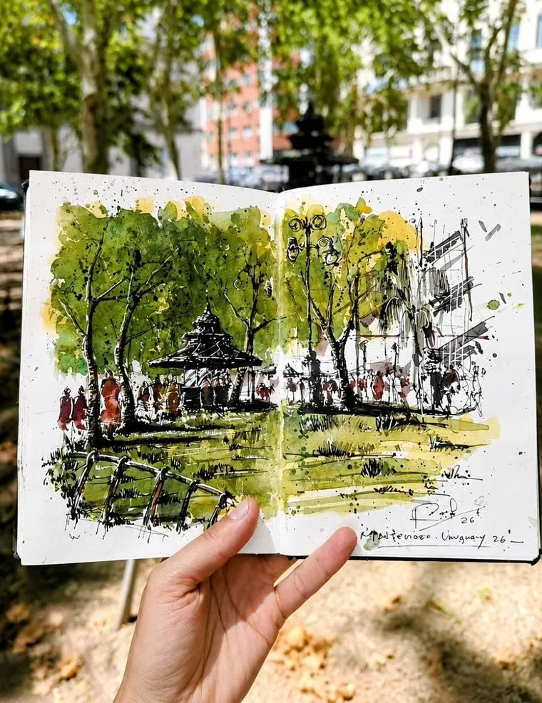 Sketchbook con una plaza arbolada de Montevideo, frente a la plaza