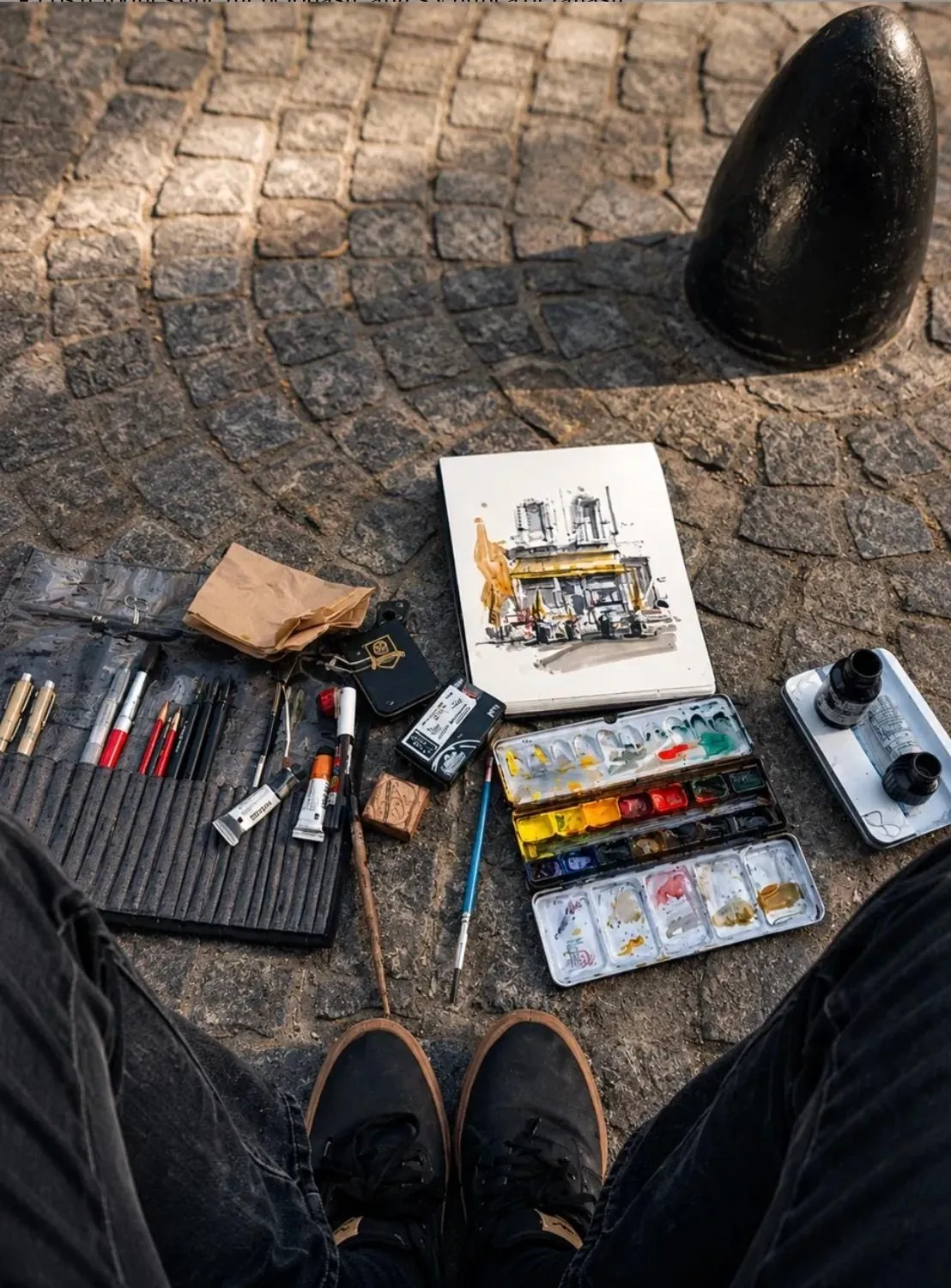 Vista desde arriba del kit completo sobre el empedrado de San Telmo: estuche de plumas, paleta, tintas, sello y un sketchbook con un dibujo