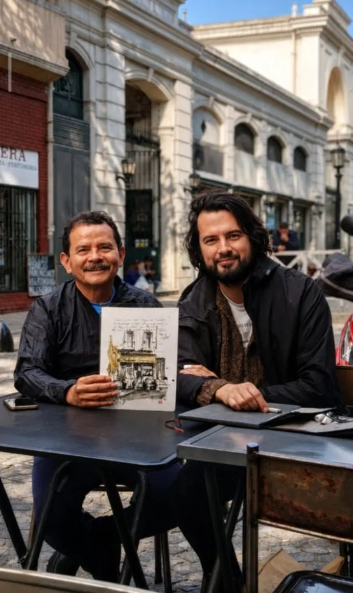William y Humberto sentados en una mesa de café en San Telmo; Humberto sostiene el dibujo del café